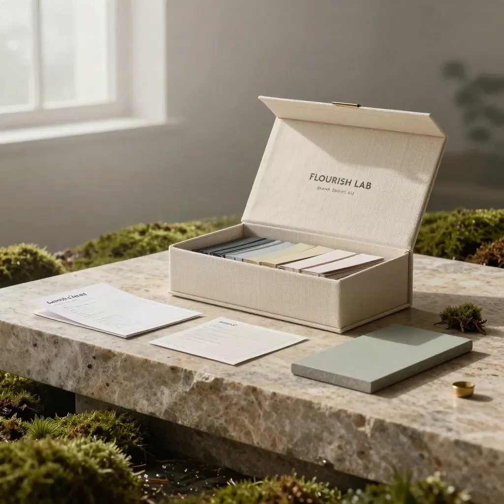 Cream linen Brand Sprint Kit box with swatches and stone tray in rainy studio light