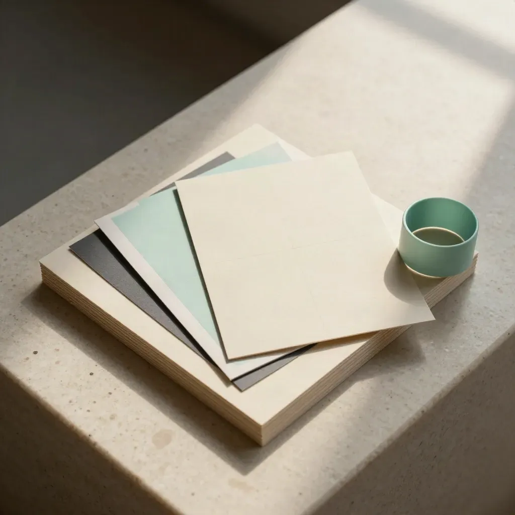 Overhead flatlay of launch boards, layout card, and mint swatches on travertine.
