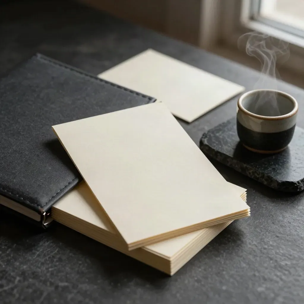 Founder copy session kit with portfolio, note cards, and cup ring on dark stone.