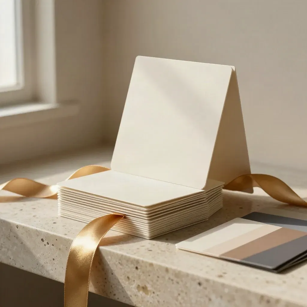 Square launch cards with gold ribbon and color swatches on travertine, softly lit.