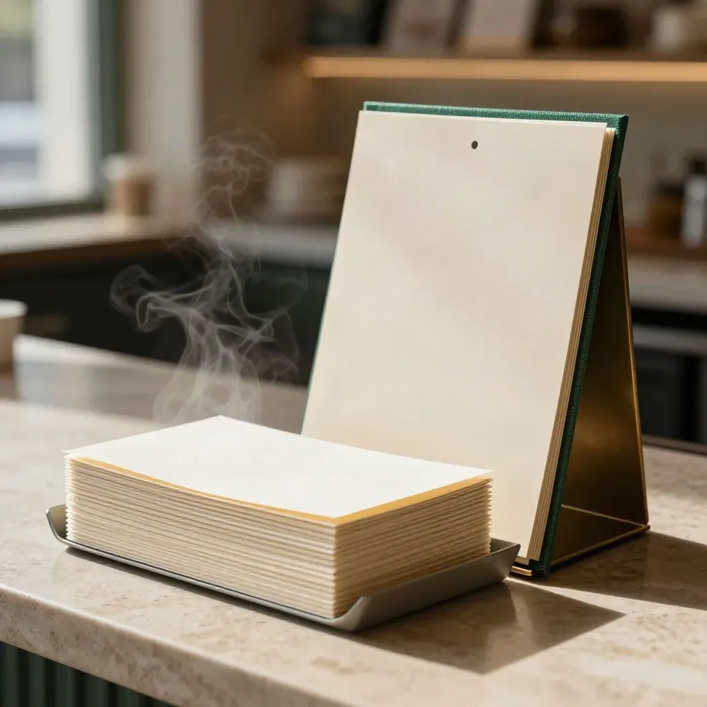 Cafe menu kit with blank cards, tent cards and a small sign panel on a limestone counter.