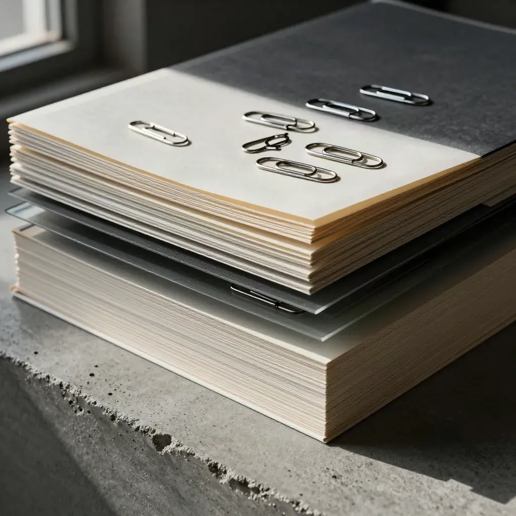 Charcoal audit folio edge with translucent separators and silver paper clips on concrete.